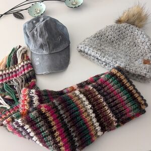 Cozy Multicolor Knit Scarf and Gray Beanie Bundle Wool